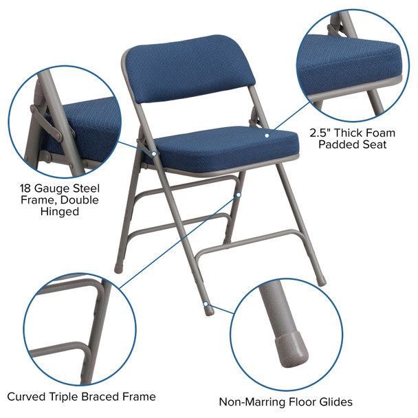 2 Pack HERCULES Series Premium Curved Triple Braced & Double Hinged Navy Fabric Metal Folding Chair