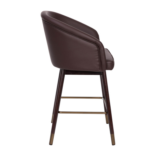 Margo 26" Commercial Mid-Back Modern Counter Stool, Walnut Finish Beechwood Legs and Contoured Back, Brown LeatherSoft/Bronze Accents - Set of 2