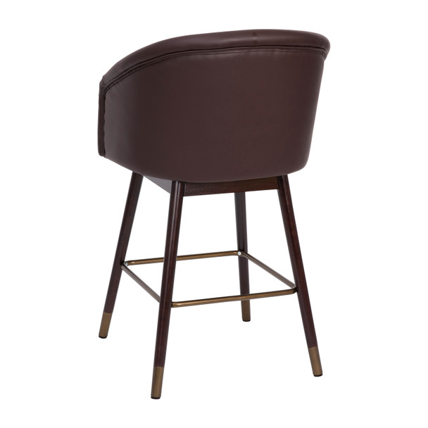 Margo 26" Commercial Mid-Back Modern Counter Stool, Walnut Finish Beechwood Legs and Contoured Back, Brown LeatherSoft/Bronze Accents - Set of 2