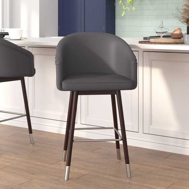 Margo 26" Commercial Mid-Back Modern Counter Stool, Walnut Finish Beechwood Legs and Contoured Back, Gray LeatherSoft/Bronze Accents - Set of 2