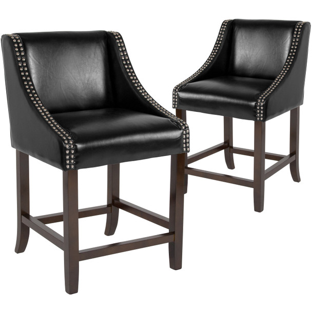Carmel Series 24" High Transitional Walnut Counter Height Stool with Nail Trim in Black LeatherSoft, Set of 2