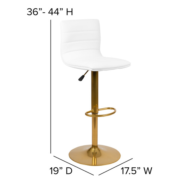 Vincent Modern White Vinyl Adjustable Bar Stool with Back, Counter Height Swivel Stool with Gold Pedestal Base, Set of 2