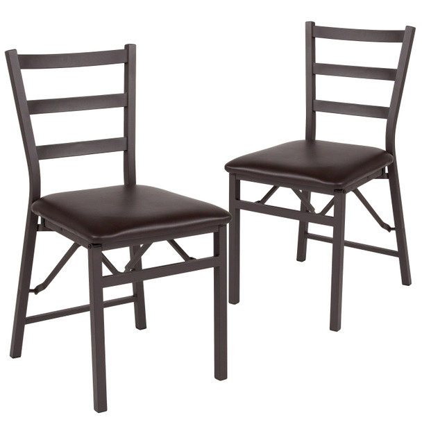 2 Pack HERCULES Series Brown Folding Ladder Back Metal Chair with Brown Vinyl Seat