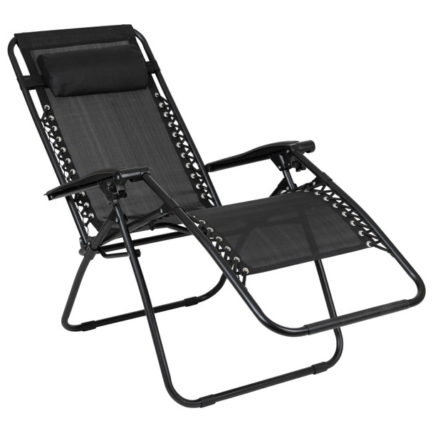 Celestial Adjustable Folding Mesh Zero Gravity Reclining Lounge Chair with Pillow and Cup Holder Tray in Black, Set of 2