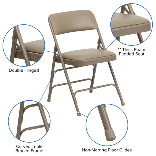 2 Pack HERCULES Series Curved Triple Braced & Double Hinged Beige Vinyl Metal Folding Chair