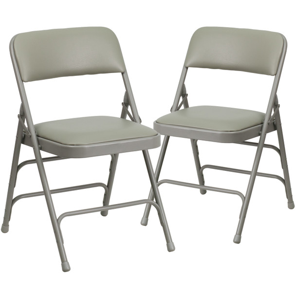 2 Pack HERCULES Series Curved Triple Braced & Double Hinged Gray Vinyl Metal Folding Chair