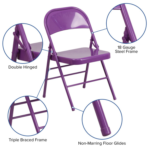 2 Pack HERCULES COLORBURST Series Impulsive Purple Triple Braced & Double Hinged Metal Folding Chair