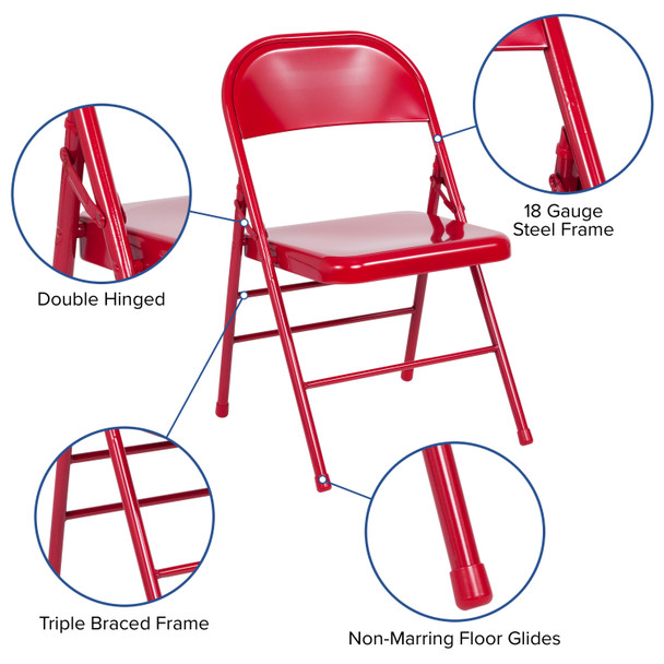 2 Pack HERCULES Series Triple Braced & Double Hinged Red Metal Folding Chair