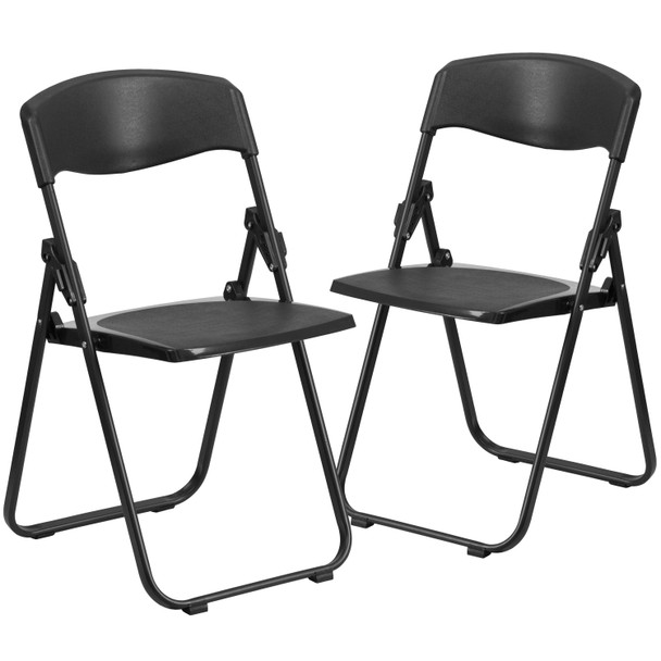 2 Pack HERCULES Series 500 lb. Capacity Heavy Duty Black Plastic Folding Chair with Built-in Ganging Brackets