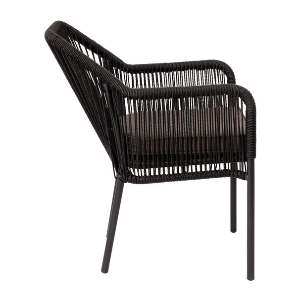 Kallie Set of 2 All-Weather Black Woven Stacking Club Chairs with Rounded Arms & Gray Zippered Seat Cushions