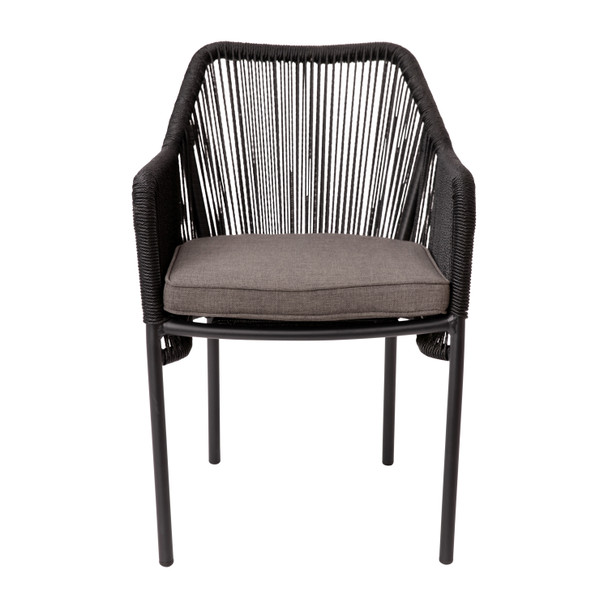 Kallie Set of 2 All-Weather Black Woven Stacking Club Chairs with Rounded Arms & Gray Zippered Seat Cushions