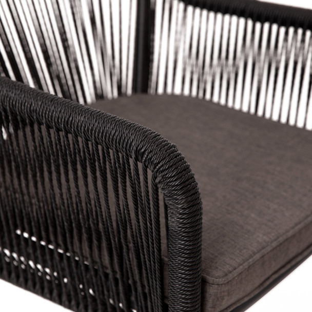 Kallie Set of 2 All-Weather Black Woven Stacking Club Chairs with Rounded Arms & Gray Zippered Seat Cushions