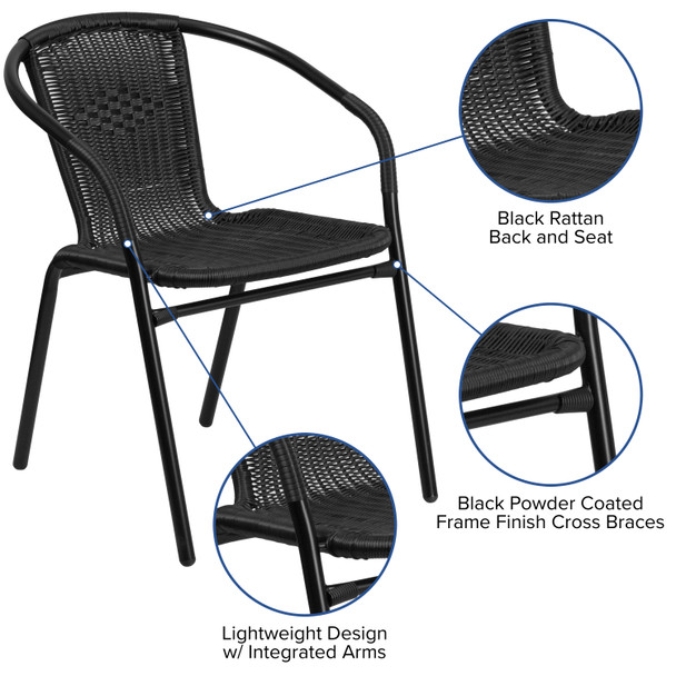Lila 2 Pack Black Rattan Indoor-Outdoor Restaurant Stack Chair