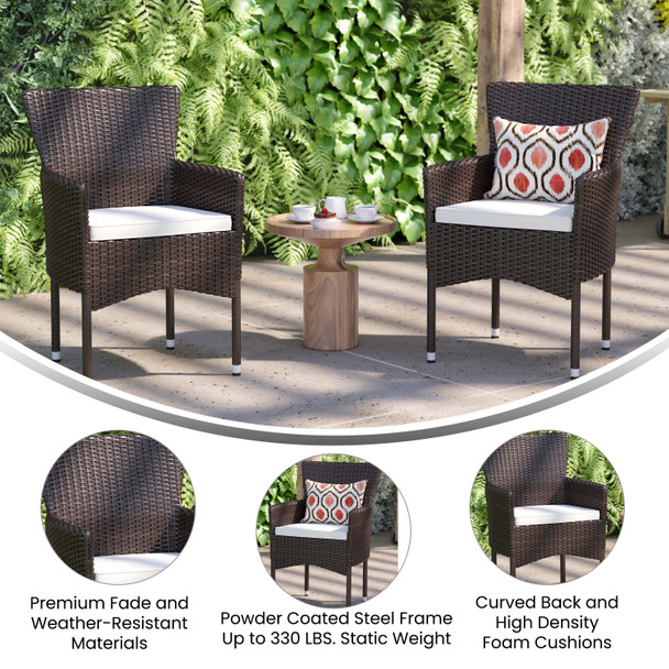 Maxim Modern Espresso Wicker Patio Armchairs for Deck or Backyard, Fade and Weather-Resistant Frames and Cream Cushions-Set of 2