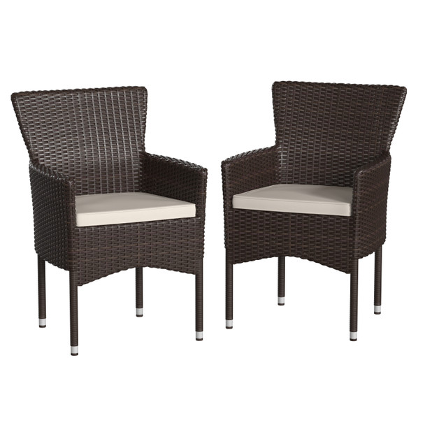 Maxim Modern Espresso Wicker Patio Armchairs for Deck or Backyard, Fade and Weather-Resistant Frames and Cream Cushions-Set of 2