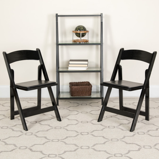 2 Pack HERCULES Series Black Wood Folding Chair with Vinyl Padded Seat