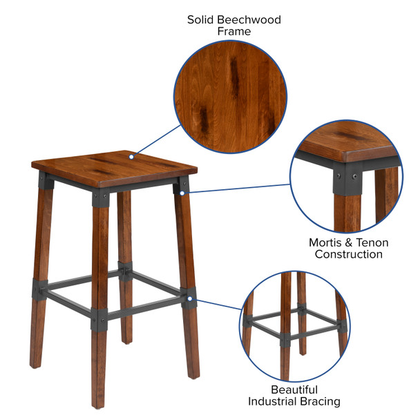 Jackson 2 Pack Rustic Antique Walnut Industrial Wood Dining Backless Barstool