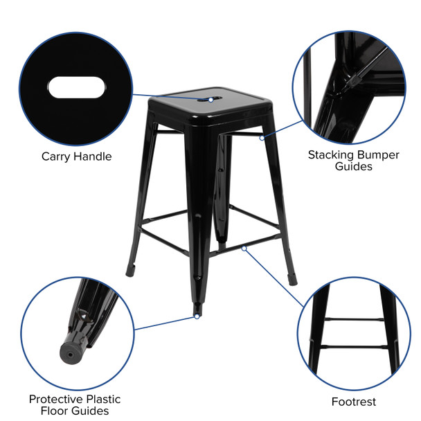 Cierra 24" High Metal Counter-Height, Indoor Bar Stool in Black - Stackable Set of 4