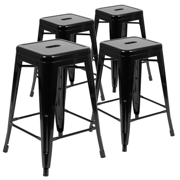 Cierra 24" High Metal Counter-Height, Indoor Bar Stool in Black - Stackable Set of 4