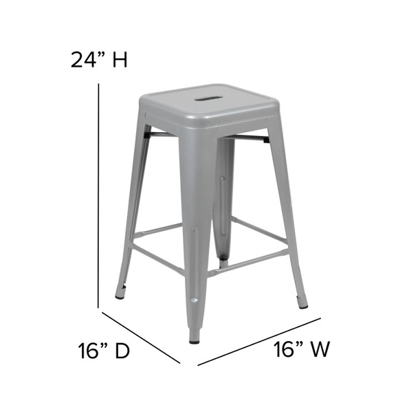 Cierra 24" High Metal Counter-Height, Indoor Bar Stool in Silver - Stackable Set of 4