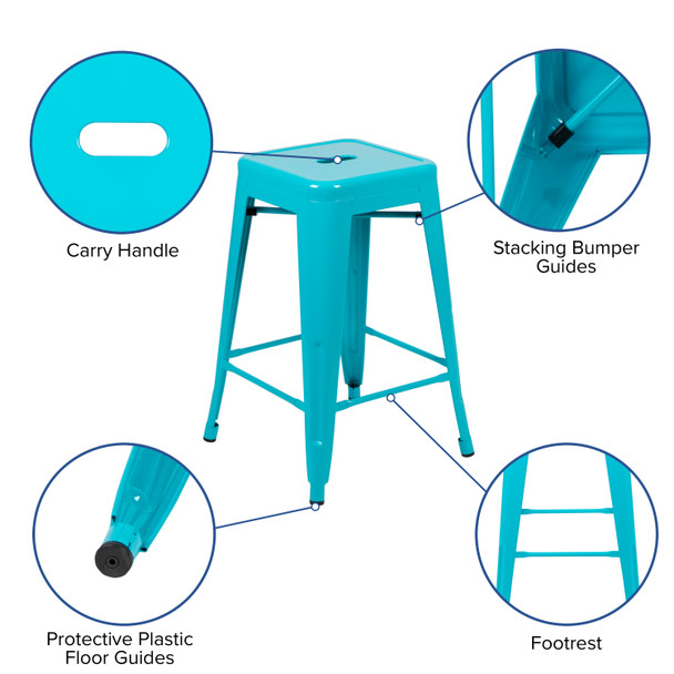 Cierra 24" High Metal Counter-Height, Indoor Bar Stool in Teal - Stackable Set of 4