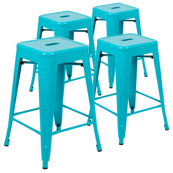 Cierra 24" High Metal Counter-Height, Indoor Bar Stool in Teal - Stackable Set of 4