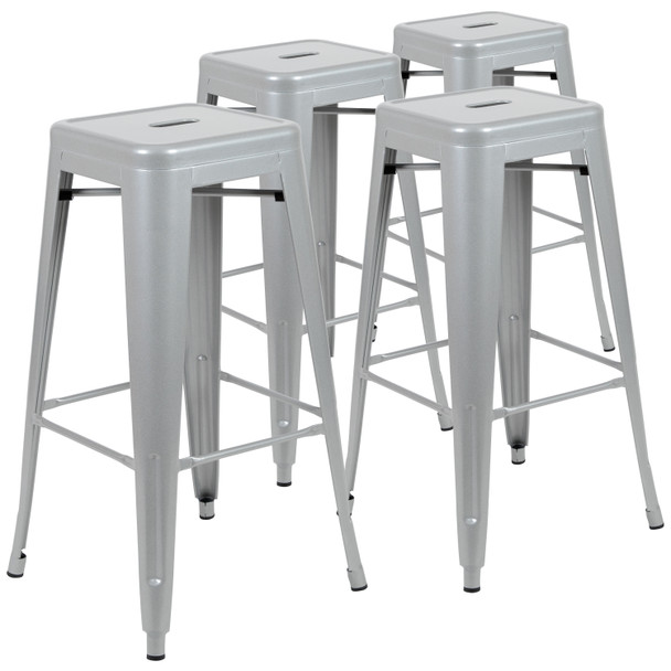 Cierra 30" High Metal Indoor Bar Stool in Silver - Stackable Set of 4