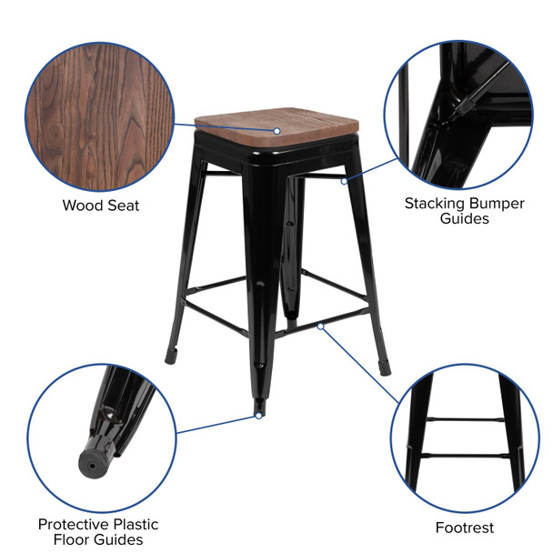 Cierra 24" High Metal Counter-Height, Indoor Bar Stool with Wood Seat in Black - Stackable Set of 4