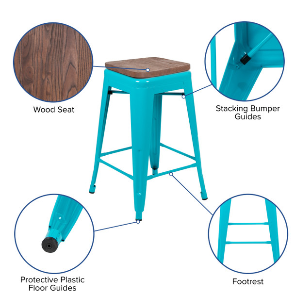 Cierra 24" High Metal Counter-Height, Indoor Bar Stool with Wood Seat in Teal - Stackable Set of 4