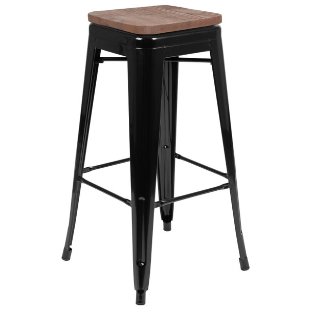 Cierra 30" High Metal Indoor Bar Stool with Wood Seat in Black - Stackable Set of 4