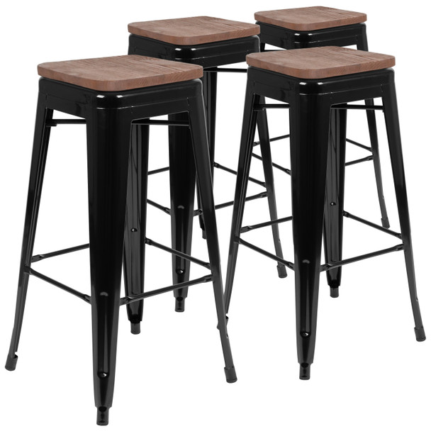 Cierra 30" High Metal Indoor Bar Stool with Wood Seat in Black - Stackable Set of 4
