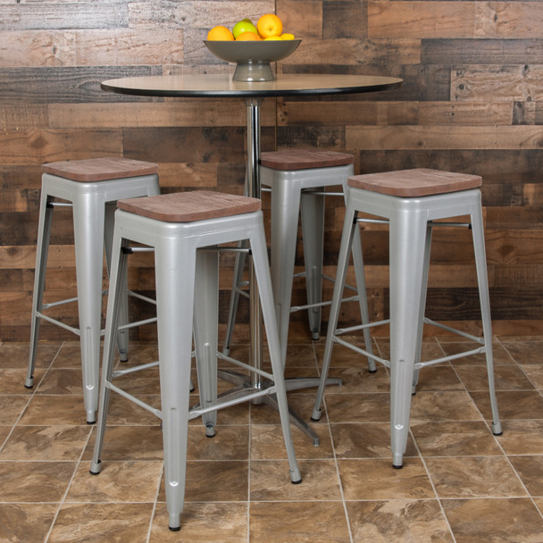 Cierra 30" High Metal Indoor Bar Stool with Wood Seat in Silver - Stackable Set of 4