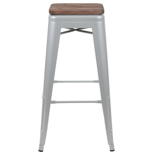 Cierra 30" High Metal Indoor Bar Stool with Wood Seat in Silver - Stackable Set of 4