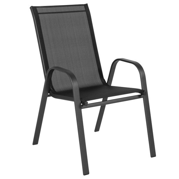 4 Pack Brazos Series Black Outdoor Stack Chair with Flex Comfort Material and Metal Frame