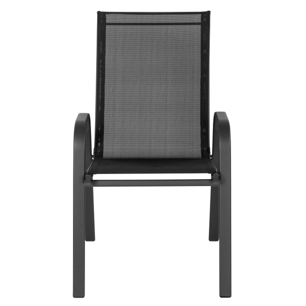 4 Pack Brazos Series Black Outdoor Stack Chair with Flex Comfort Material and Metal Frame