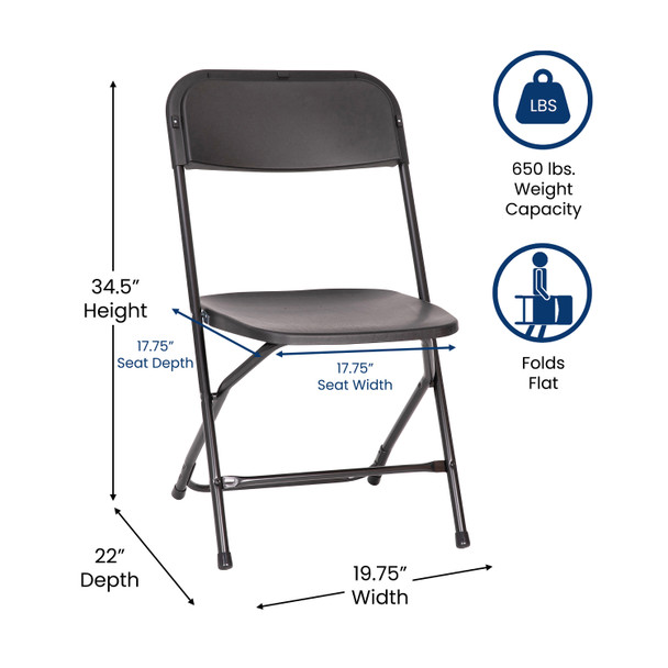 Hercules Big and Tall Commercial Folding Chair - Extra Wide 650LB. Capacity - Durable Plastic - Black, 4-Pack