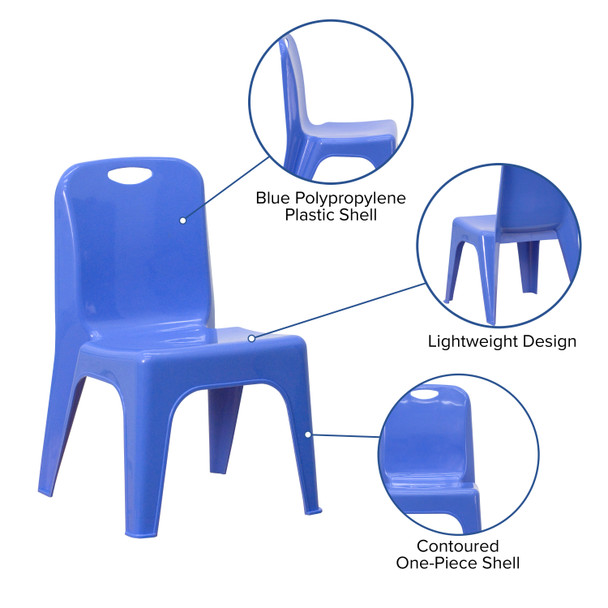 Whitney 4 Pack Blue Plastic Stackable School Chair with Carrying Handle and 11'' Seat Height