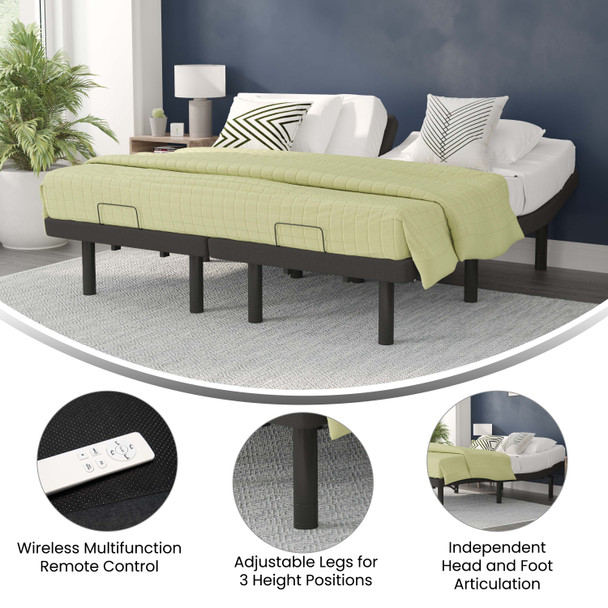 Selene Adjustable Upholstered Bed Base with Wireless Remote, Three Leg Heights, & Independent Head/Foot Incline-Split King - Black