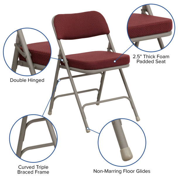 HERCULES Series Premium Curved Triple Braced & Double Hinged Burgundy Fabric Metal Folding Chair