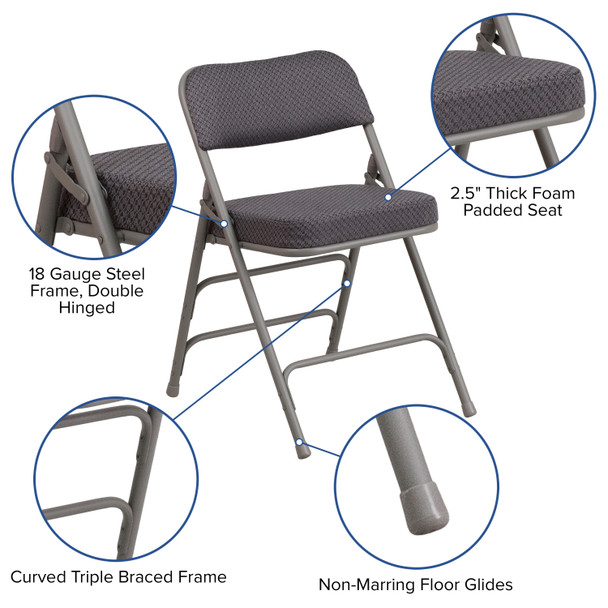 HERCULES Series Premium Curved Triple Braced & Double Hinged Gray Fabric Metal Folding Chair