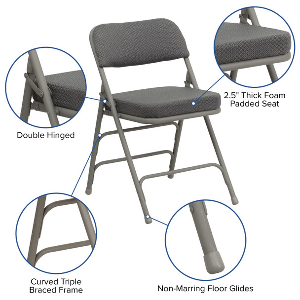 HERCULES Series Premium Curved Triple Braced & Double Hinged Gray Fabric Metal Folding Chair