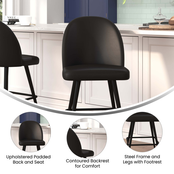 Lyla Set of 2 Commercial High Back Modern Armless 26" Counter Stools with Contoured Backrests, Steel Frames and Footrests, Black LeatherSoft-Set of 2