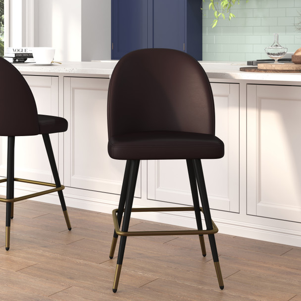 Lyla Set of 2 Commercial High Back Modern Armless 26" Counter Stools with Contoured Backrests, Steel Frames and Footrests, Brown LeatherSoft-Set of 2