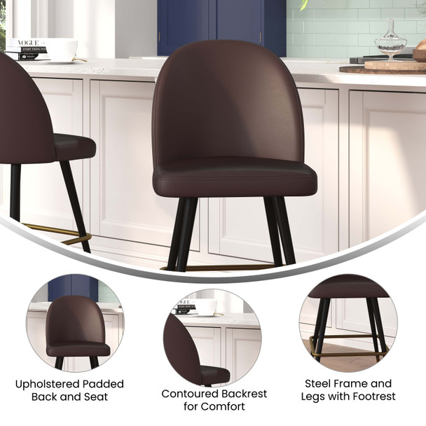 Lyla Set of 2 Commercial High Back Modern Armless 26" Counter Stools with Contoured Backrests, Steel Frames and Footrests, Brown LeatherSoft-Set of 2