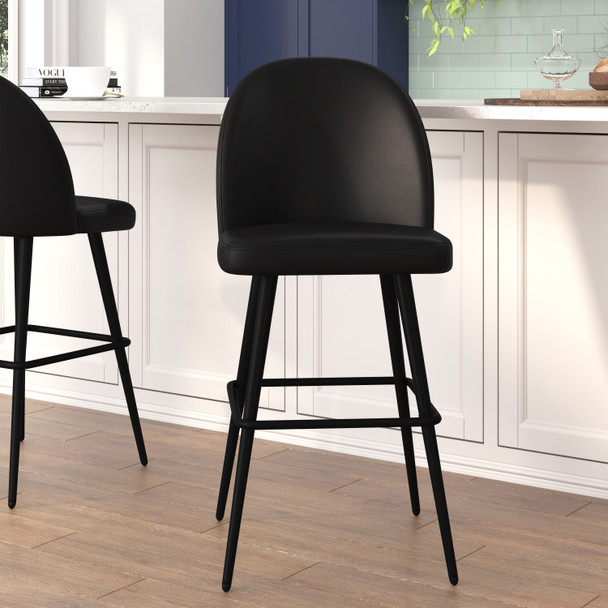 Lyla 30" Commercial Grade High Back Modern Armless Barstools with Contoured Backrest, Steel Frame and Integrated Footrest, Black LeatherSoft-Set of 2