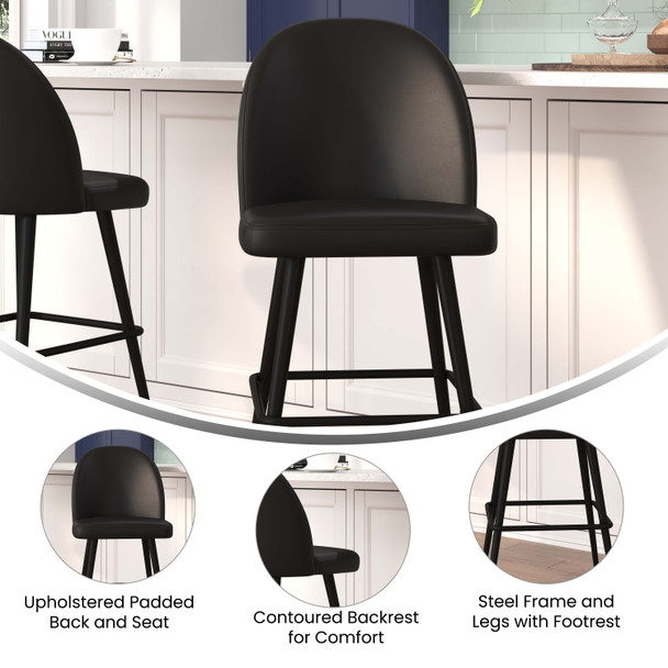 Lyla 30" Commercial Grade High Back Modern Armless Barstools with Contoured Backrest, Steel Frame and Integrated Footrest, Black LeatherSoft-Set of 2