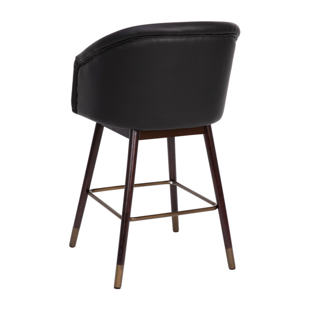 Margo 26" Commercial Grade Mid-Back Modern Counter Stool with Walnut Finish Beechwood Legs and Contoured Back, Black LeatherSoft/Bronze Accents