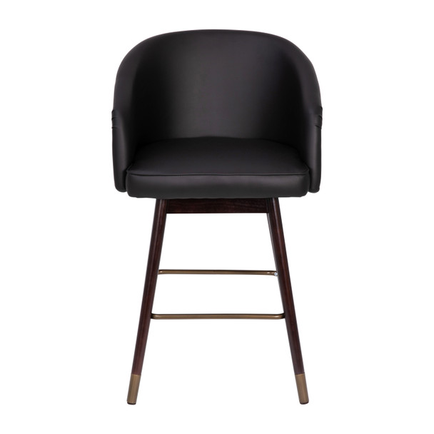 Margo 26" Commercial Grade Mid-Back Modern Counter Stool with Walnut Finish Beechwood Legs and Contoured Back, Black LeatherSoft/Bronze Accents