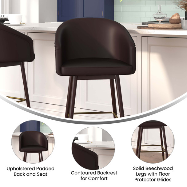 Margo 26" Commercial Grade Mid-Back Modern Counter Stool with Walnut Finish Beechwood Legs and Contoured Back, Brown LeatherSoft/Bronze Accents