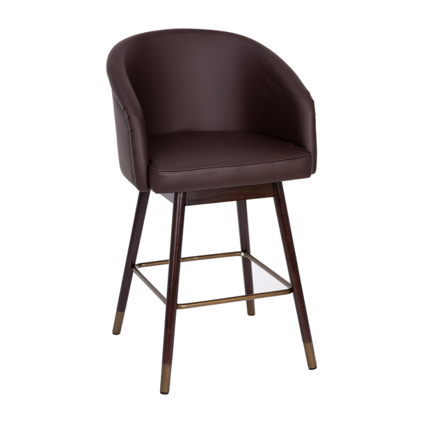 Margo 26" Commercial Grade Mid-Back Modern Counter Stool with Walnut Finish Beechwood Legs and Contoured Back, Brown LeatherSoft/Bronze Accents